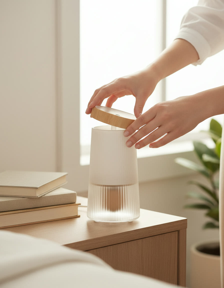 Night Light Diffuser setup: Set the shade back on and place it on the nightstand.
