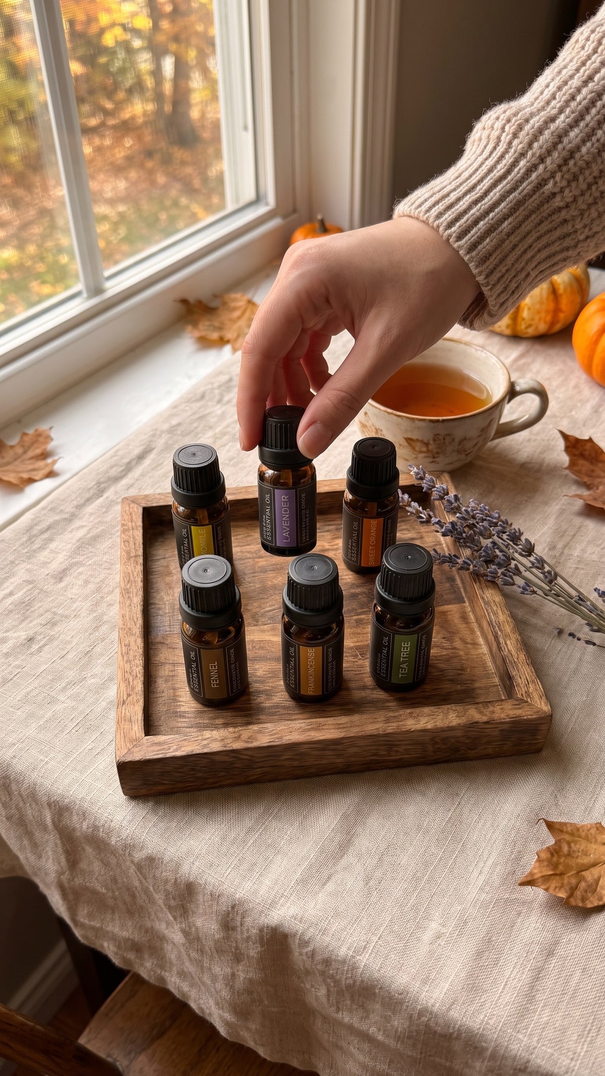 Hand picking a bottle of pure essential oil from a wooden tray