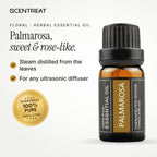 100% pure palmarosa essential oil, sweet, rose-like, grassy, fresh