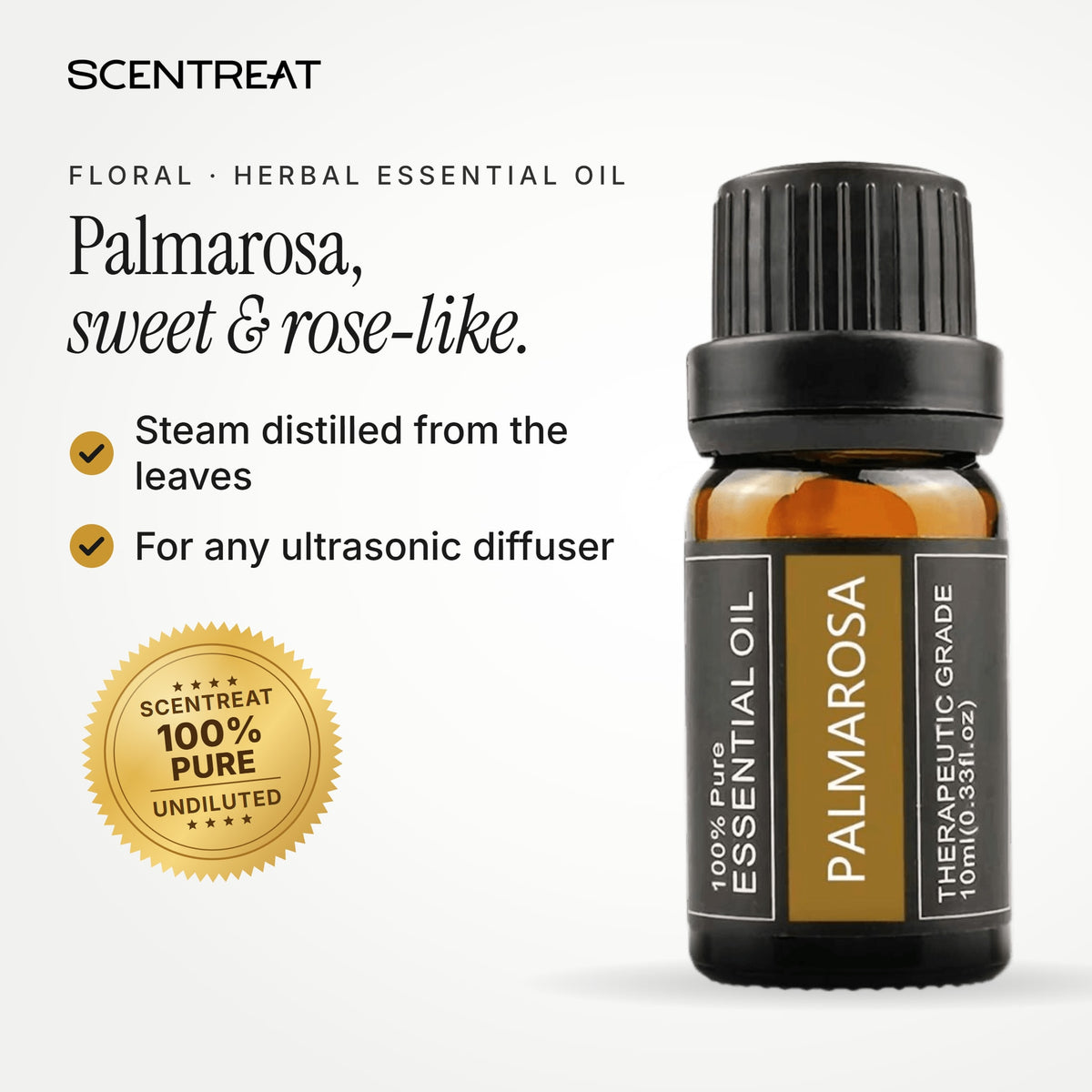 100% pure palmarosa essential oil, sweet, rose-like, grassy, fresh
