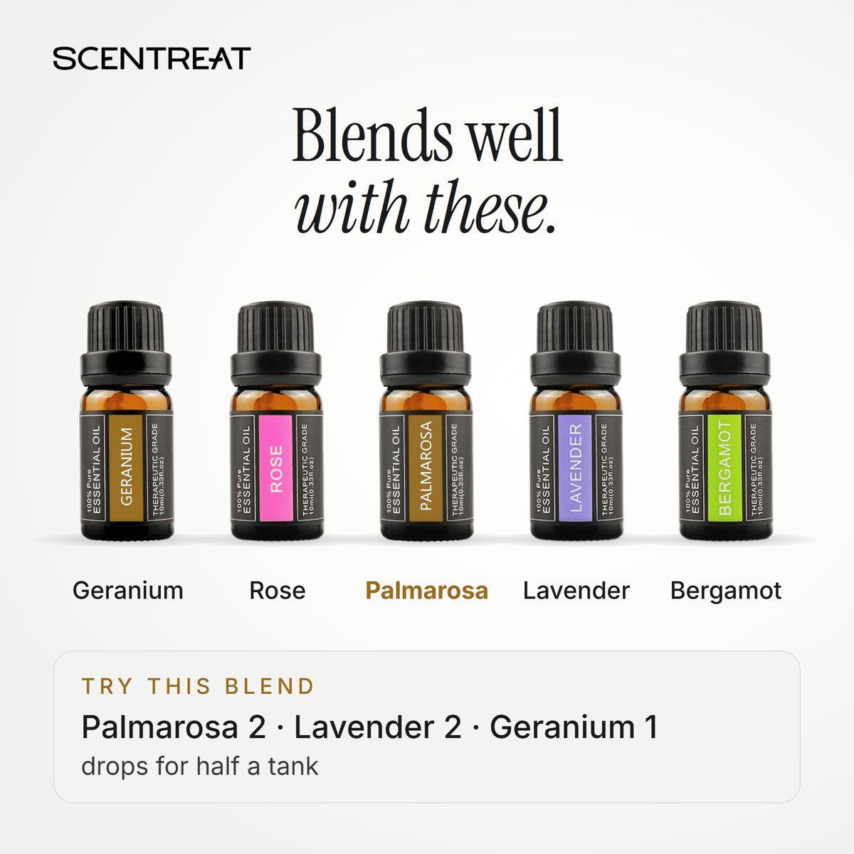 Palmarosa essential oil blends well with Geranium, Rose, Lavender