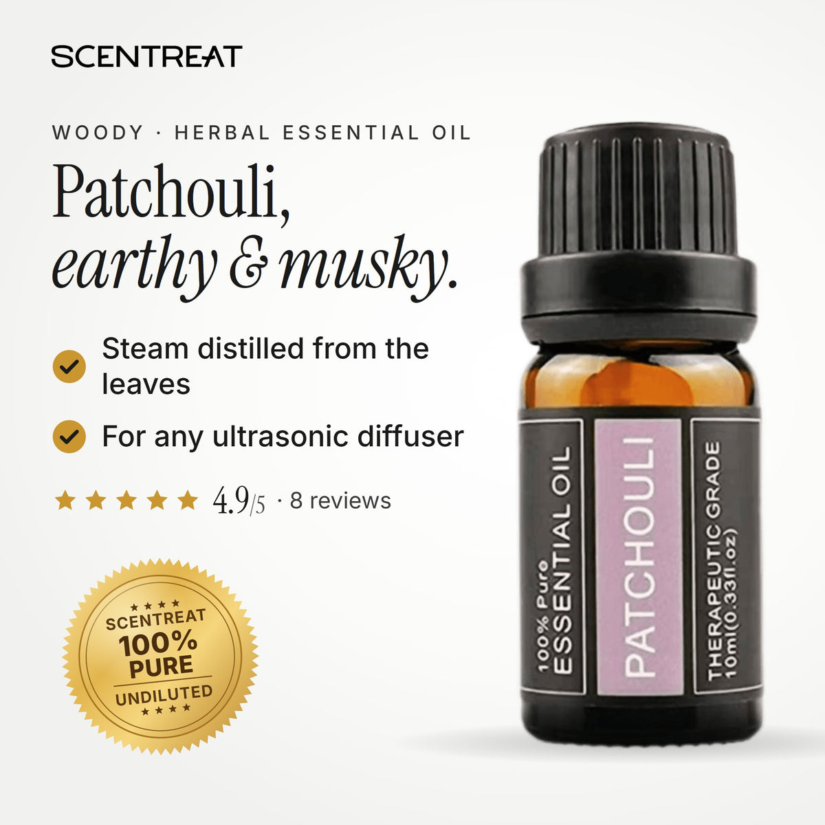 100% pure patchouli essential oil, earthy, musky, sweet, and woody