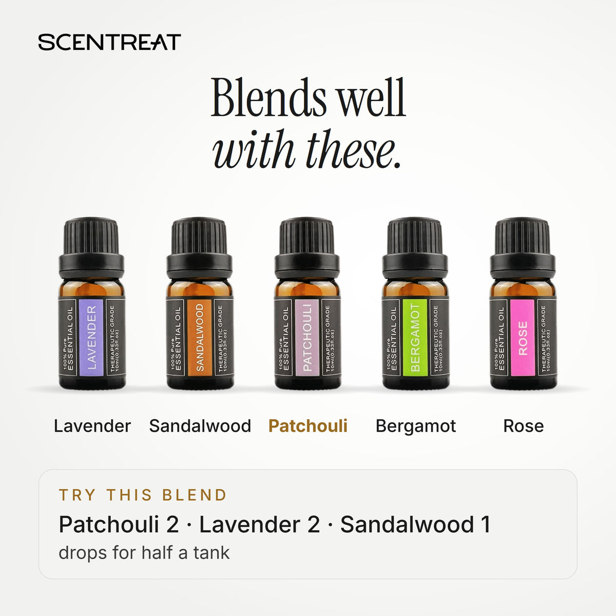 Patchouli essential oil blends well with Lavender, Sandalwood, Bergamot
