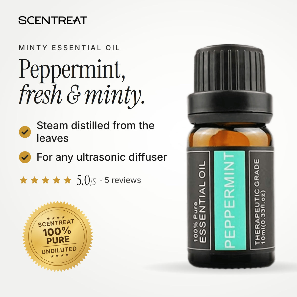 100% pure peppermint essential oil, fresh, minty, cooling