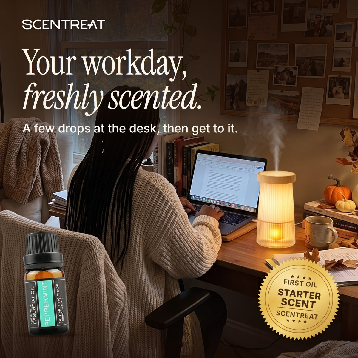 Peppermint essential oil in a diffuser in a cozy room