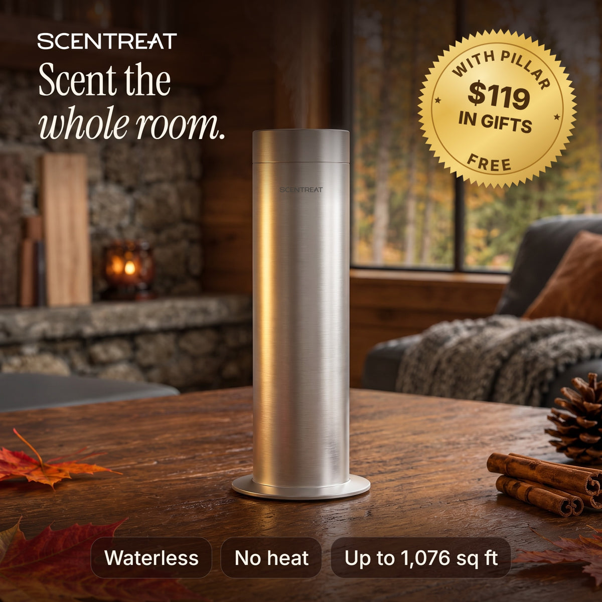 Pillar waterless cold-air diffuser in silver scenting a cozy living room
