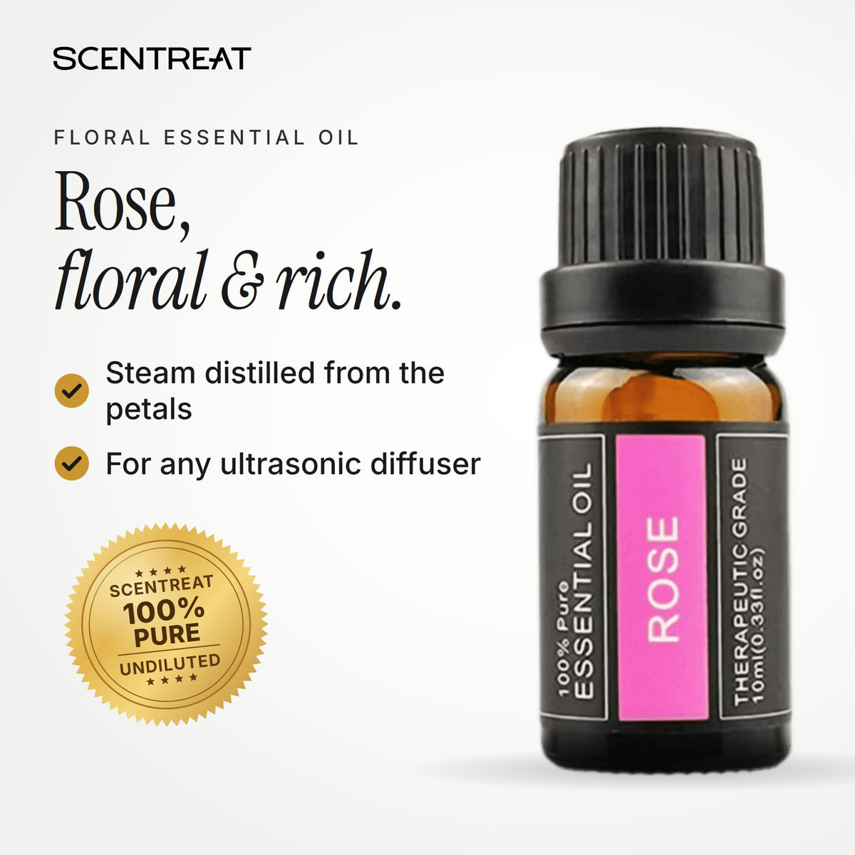 100% pure rose essential oil, floral, rich, sweet, and romantic