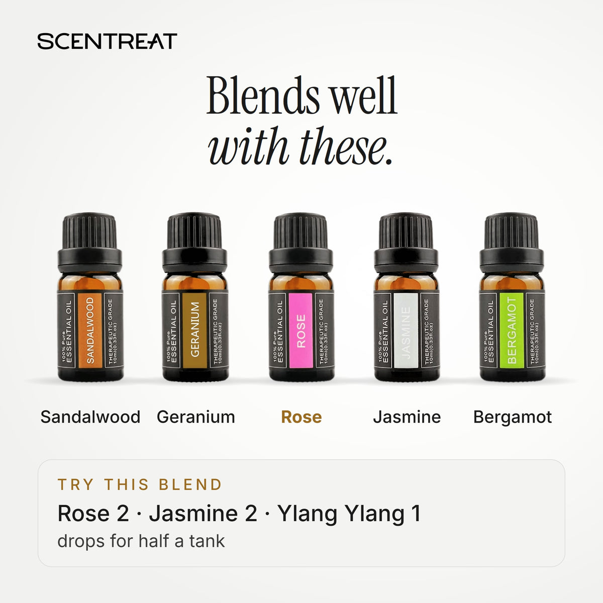 Rose essential oil blends well with Sandalwood, Geranium, Jasmine