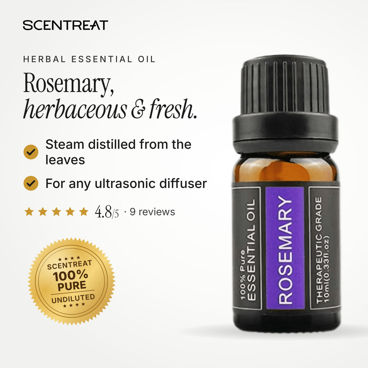 100% pure rosemary essential oil, herbaceous, fresh, camphorous