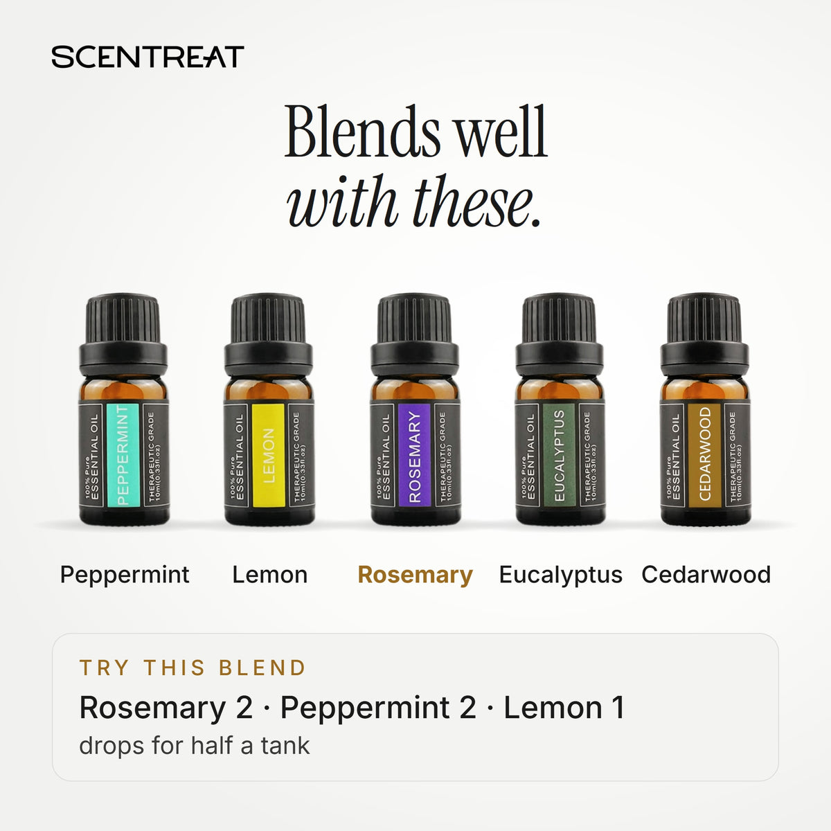 Rosemary essential oil blends well with Peppermint, Lemon, Eucalyptus