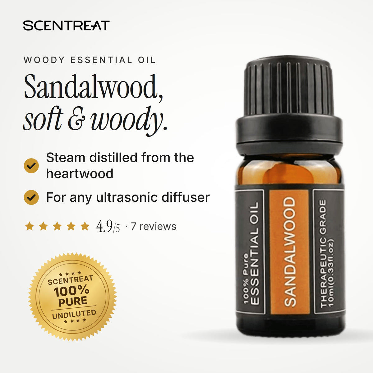 100% pure sandalwood essential oil, soft, woody, warm, and creamy