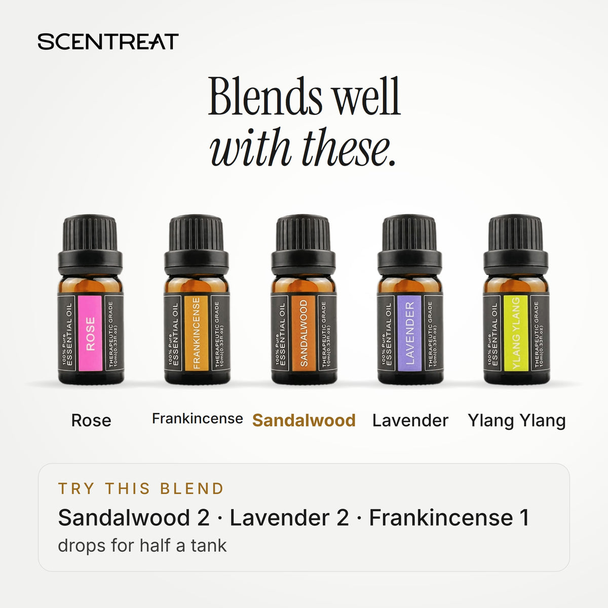 Sandalwood essential oil blends well with Rose, Frankincense, Lavender