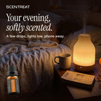 Sandalwood essential oil in a diffuser in a cozy room