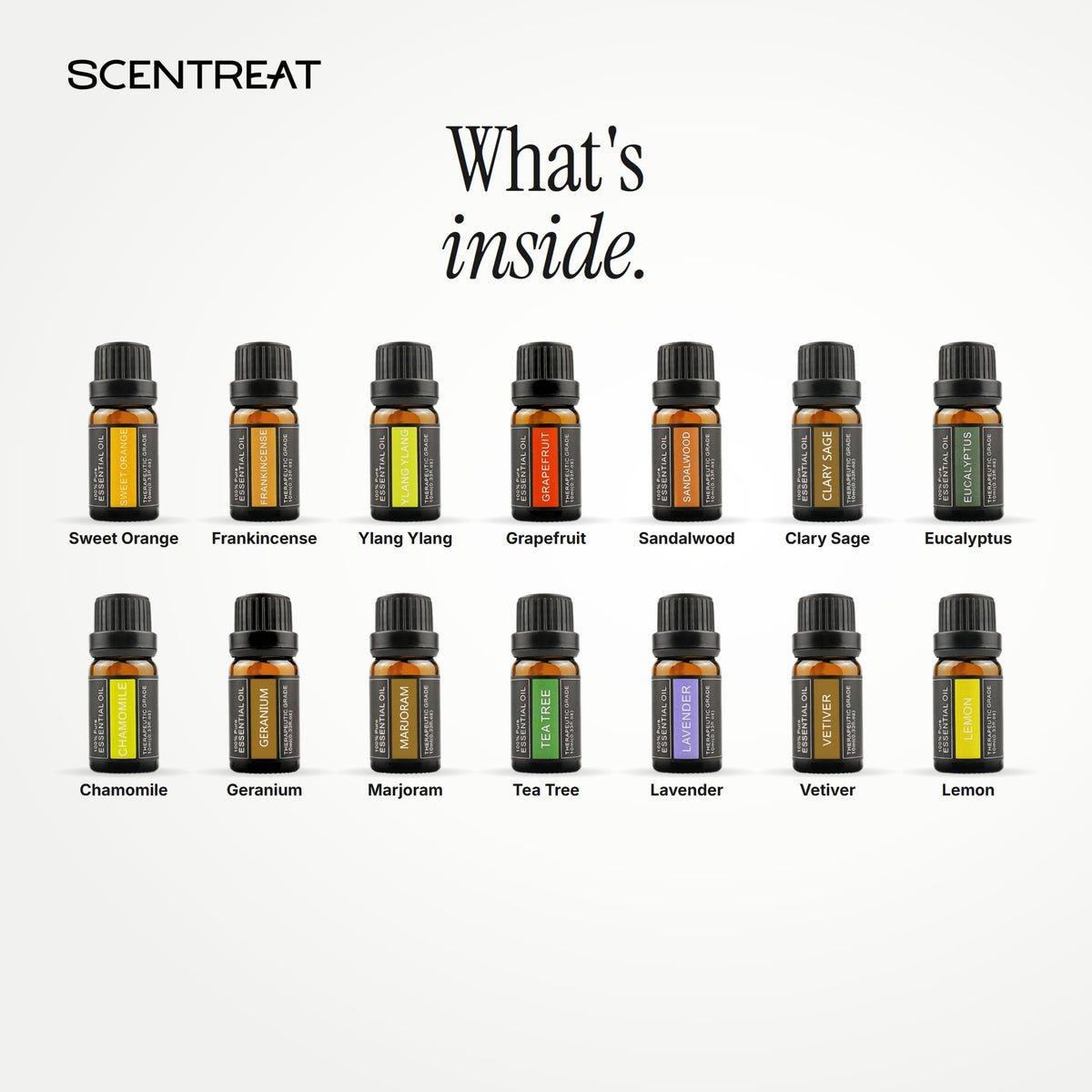What's inside the Signature Ritual kit: Sweet Orange, Frankincense, Ylang Ylang, Grapefruit, Sandalwood, Clary Sage, Eucalyptus, Chamomile, Geranium, Marjoram, Tea Tree, Lavender, Vetiver, Lemon