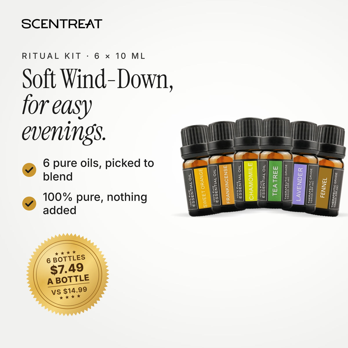 Soft Wind-Down Ritual essential oil set, 6 pure oils for your diffuser