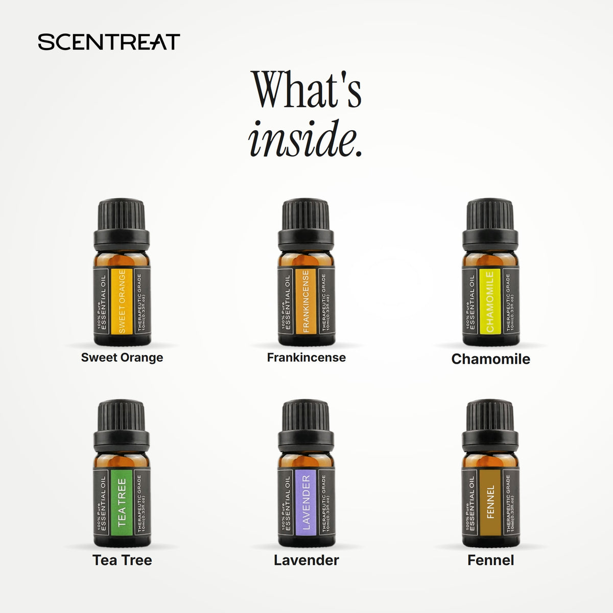 What's inside the Soft Wind-Down Ritual kit: Sweet Orange, Frankincense, Chamomile, Tea Tree, Lavender, Fennel