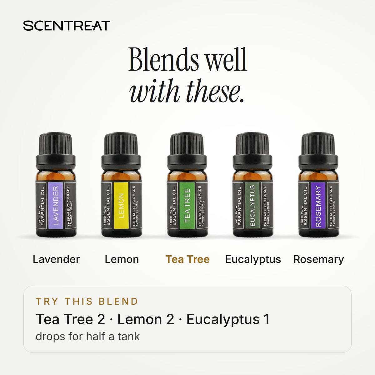 Tea Tree essential oil blends well with Lavender, Lemon, Eucalyptus