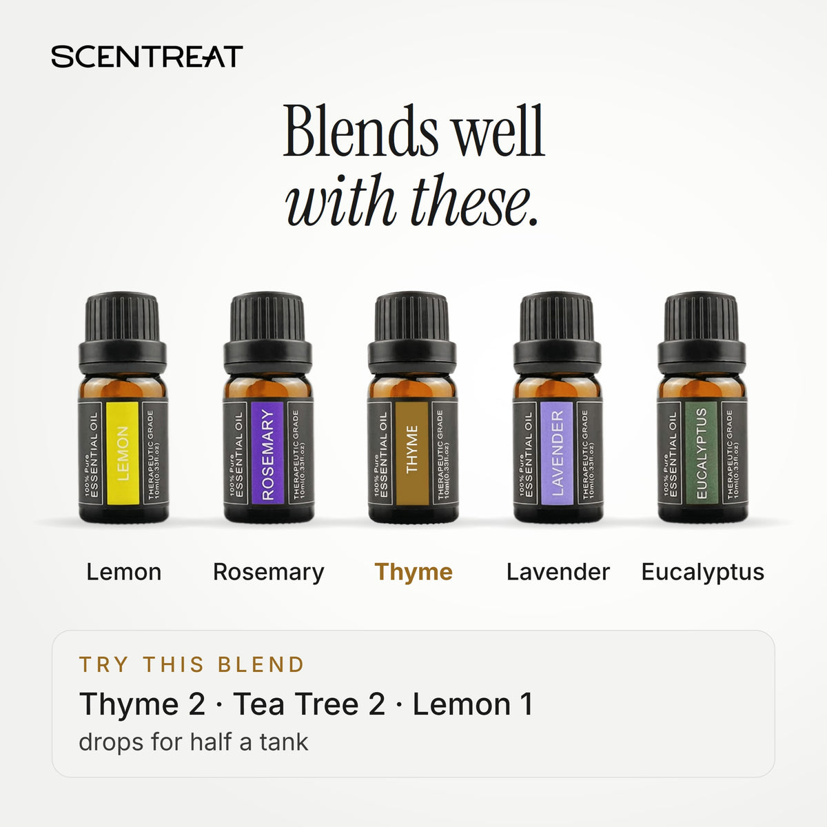 Thyme essential oil blends well with Lemon, Rosemary, Lavender