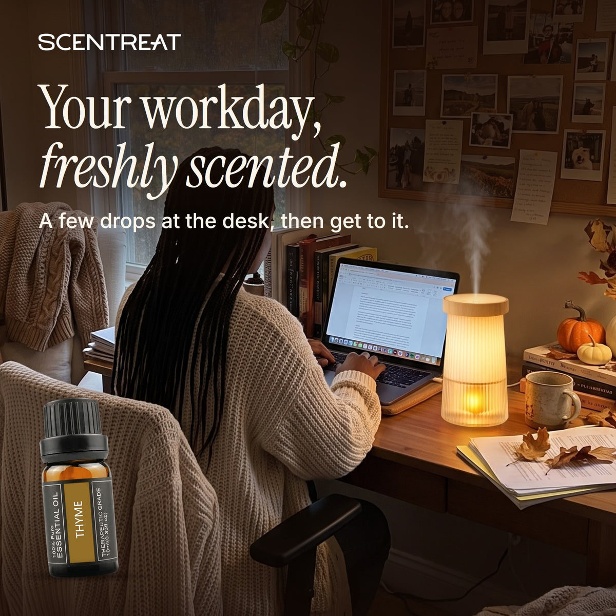 Thyme essential oil in a diffuser in a cozy room