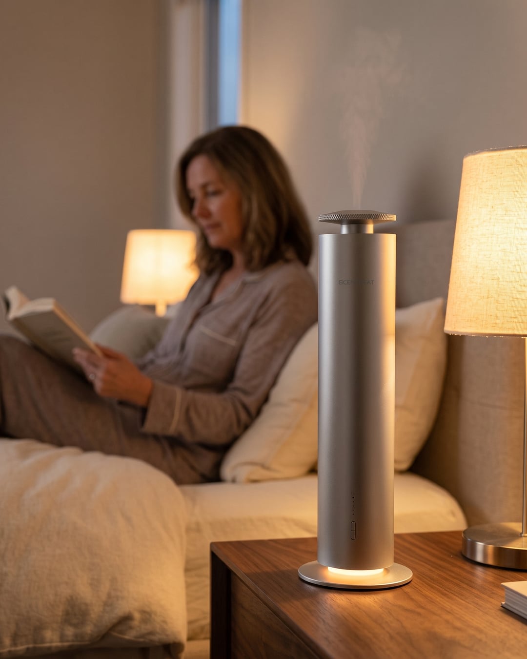 Woman reading in bed beside the cordless tower diffuser