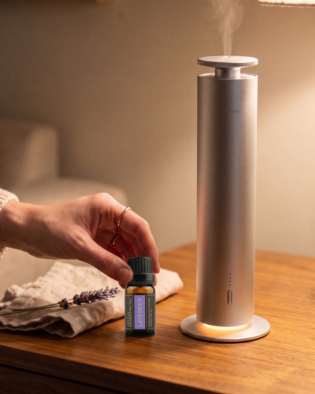 SCENTREAT Lavender essential oil beside the Spire cordless waterless diffuser