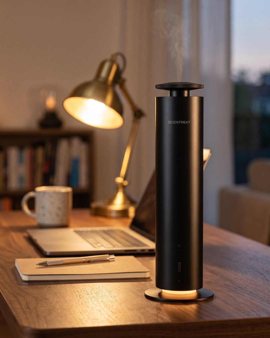 Black tower diffuser on a home office desk