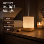 Wood diffuser light settings: 100%, 50%, candlelight and off