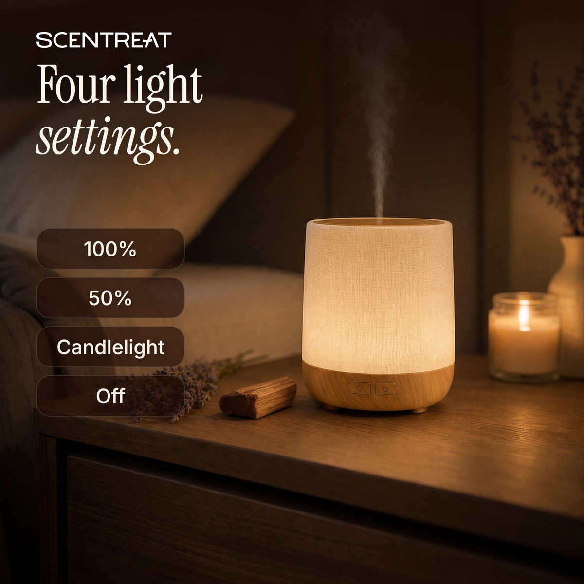 Wood diffuser light settings: 100%, 50%, candlelight and off