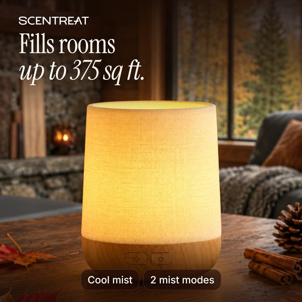 Wood ultrasonic diffuser fills rooms up to 375 sq ft with cool mist