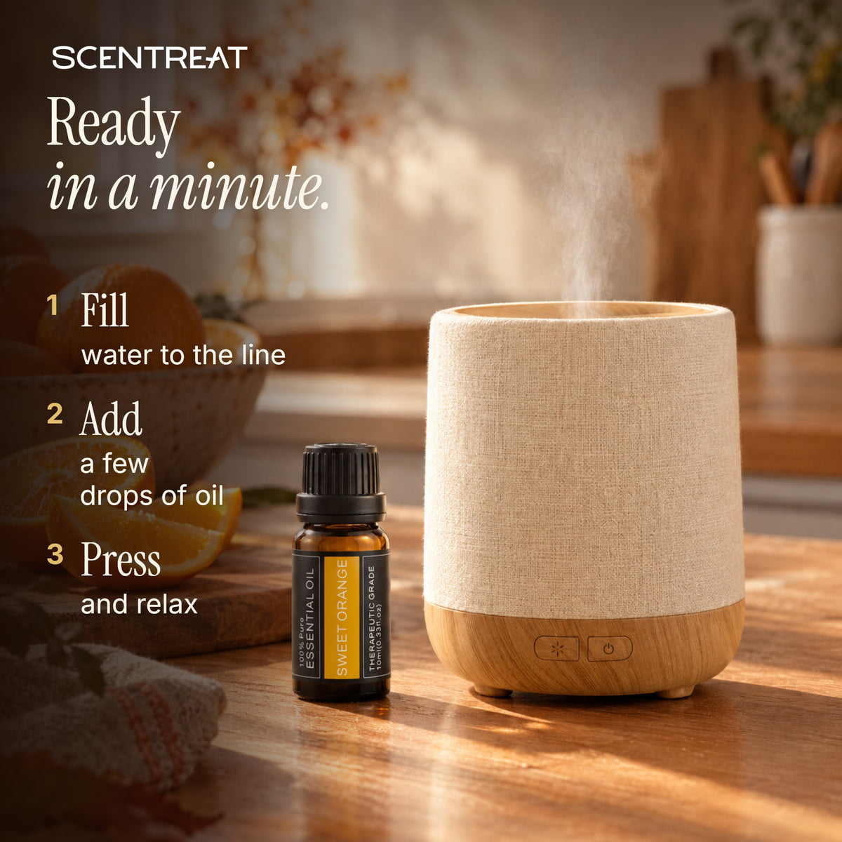 How to use the wood diffuser: fill, add oil, press
