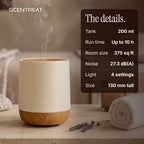 Wood diffuser specifications: 200 ml tank, up to 10 hours, 375 sq ft