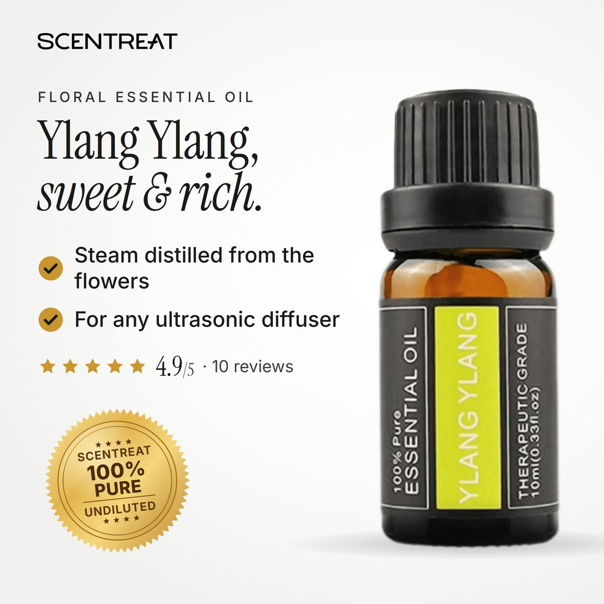 100% pure ylang ylang essential oil, sweet, rich, floral, slightly fruity