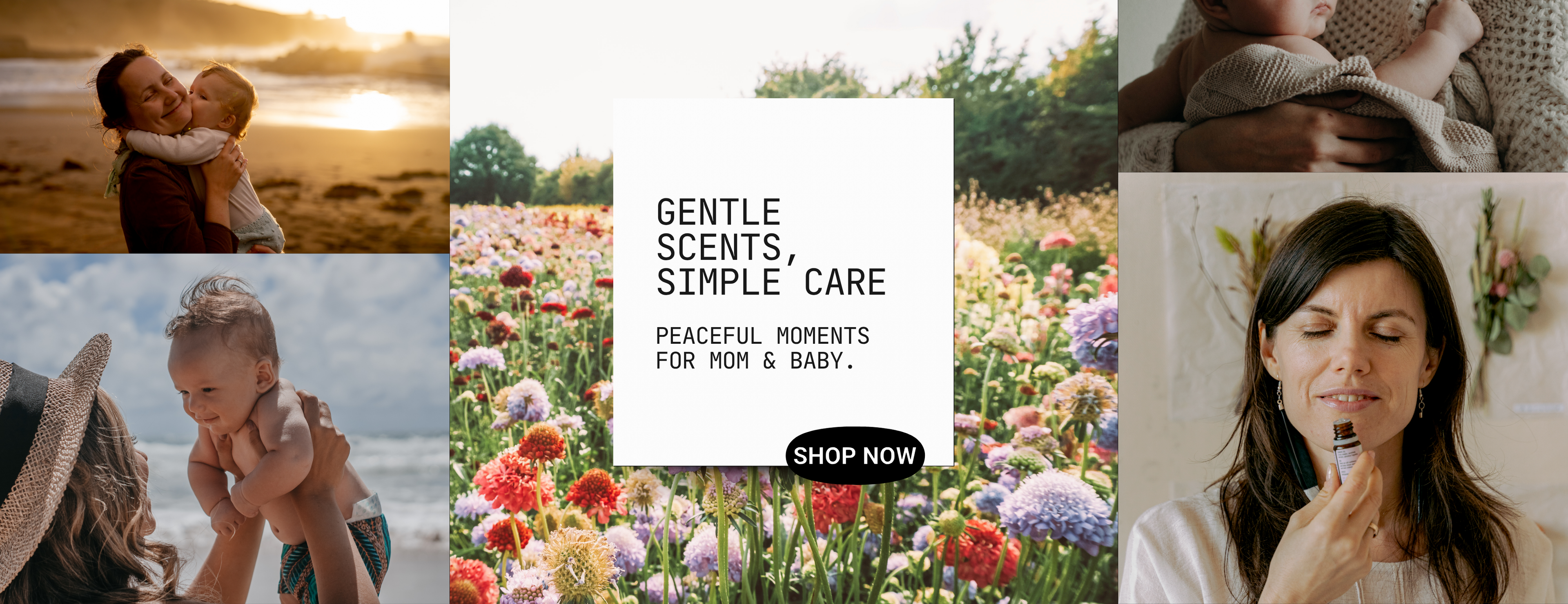 Promotional banner with images of a family, flowers, and a woman applying cream, with text 'Gentle Scents, Simple Care' and 'Shop Now'.