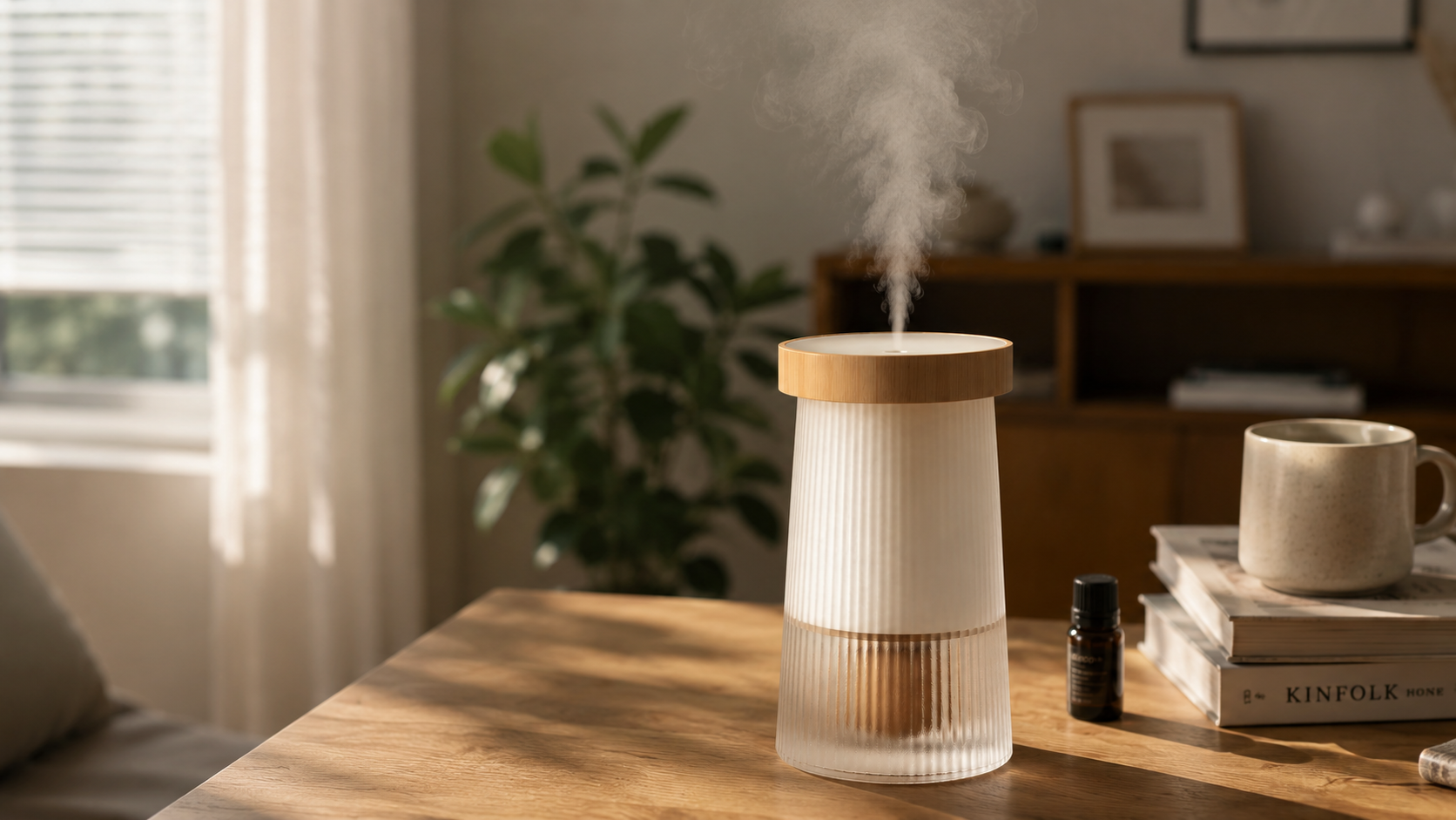 Waterless diffuser releasing mist on a wooden table in a living room