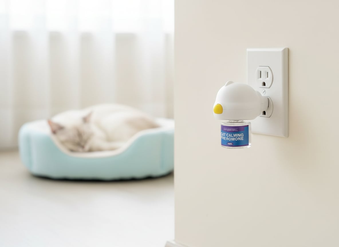 Pet calming diffuser plugged into a wall outlet near a sleeping cat