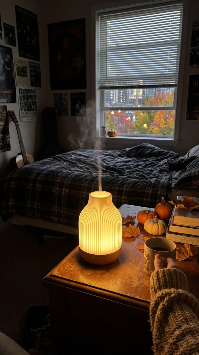 Glowing ceramic diffuser on a bedside table at night
