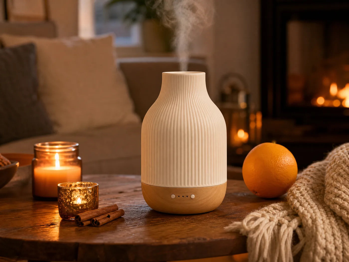 White ribbed ceramic diffuser on a wooden table beside candles and an orange